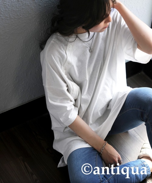 antiqua(アンティカ)の「綿麻Tシャツ(Tシャツ/カットソー・レディース・ホワイト/ブラック/ブルー・ONESIZE)」の9枚目の写真