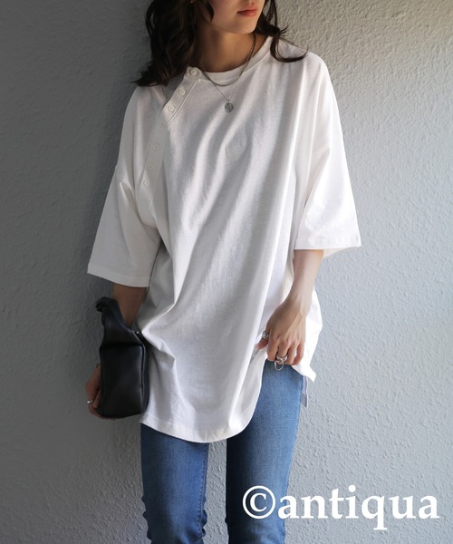 antiqua(アンティカ)の「綿麻Tシャツ(Tシャツ/カットソー・レディース・ホワイト/ブラック/ブルー・ONESIZE)」の4枚目の写真