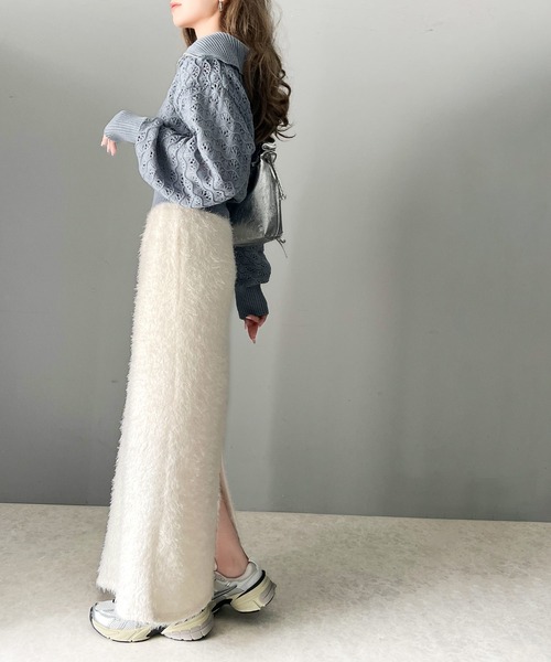 mily bilet(ミウィビレット)の「【mily bilet】カジュアルと女性らしさ両方が叶う!バックスリットシャギーストレートスカート(スカート・レディース・ブラック/アイボリー・LARGE/MEDIUM/SMALL/X-LARGE)」の7枚目の写真