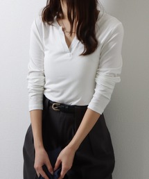 キーネック ソリッドカラー 長袖 コンパクト トップス