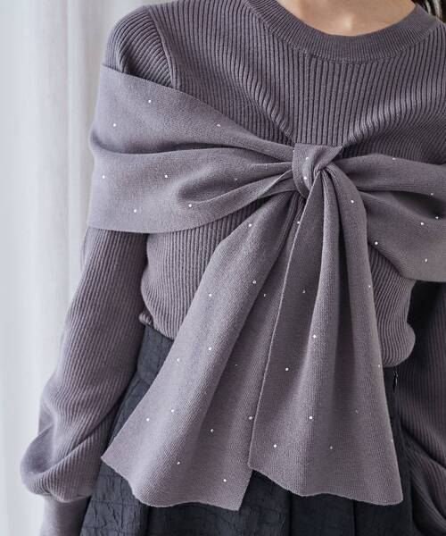 MAJESTIC LEGON（マジェスティックレゴン）の「リボンビジューニット（ニット/セーター・レディース・チャコールグレー/アイボリー/ホワイト系その他2/ブラック/ピンク/ライトグレー・MEDIUM）」の4枚目の写真