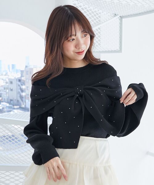 MAJESTIC LEGON（マジェスティックレゴン）の「リボンビジューニット（ニット/セーター・レディース・チャコールグレー/アイボリー/ホワイト系その他2/ブラック/ピンク/ライトグレー・MEDIUM）」の3枚目の写真