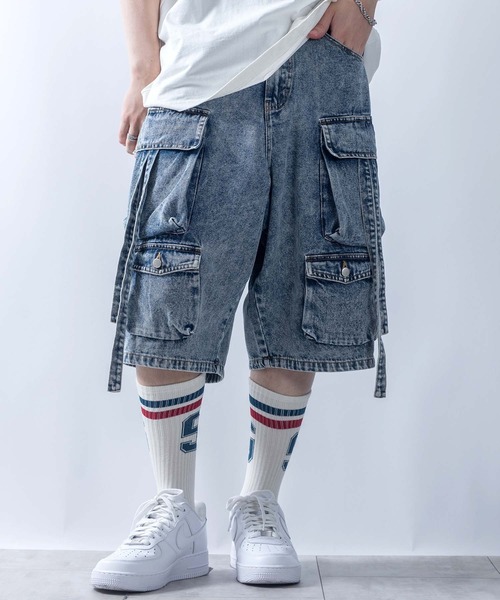 Starting Over(スターティングオーバー)の「vintage like loose fit denim techno half pants/ヴィンテージ ライク ルーズフィット デニム テクノ ハーフ パンツ(デニムパンツ・メンズ・ブルー/ブラック・XL/L/M)」の1枚目の写真