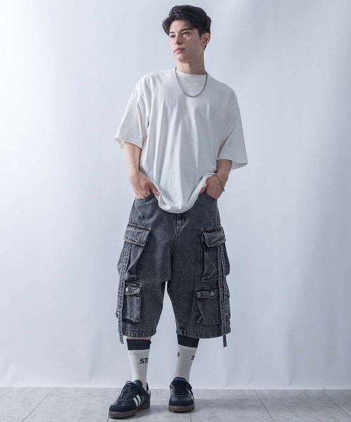 セール】vintage like loose fit denim techno half pants