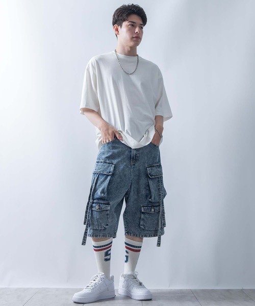 セール】vintage like loose fit denim techno half pants