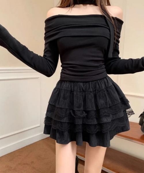 Ritzy(リッツィー)の「レースデザイン ティアード ミニスカート キュロットデザイン(スカート・レディース・ブラック/ホワイト・L/M)」の2枚目の写真