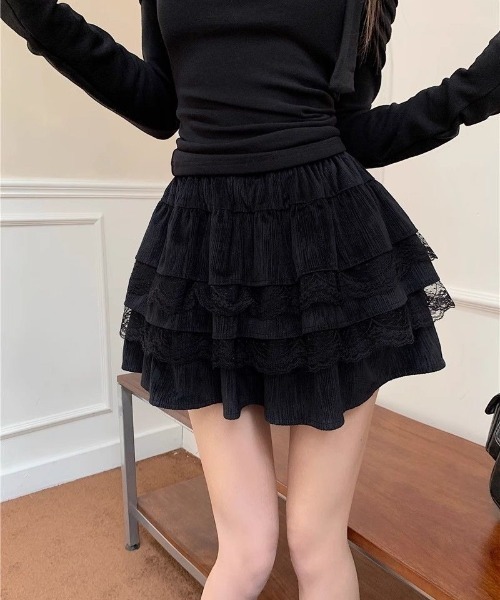 Ritzy(リッツィー)の「レースデザイン ティアード ミニスカート キュロットデザイン(スカート・レディース・ブラック/ホワイト・L/M)」の6枚目の写真