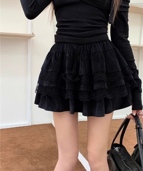 Ritzy(リッツィー)の「レースデザイン ティアード ミニスカート キュロットデザイン(スカート・レディース・ブラック/ホワイト・L/M)」の9枚目の写真