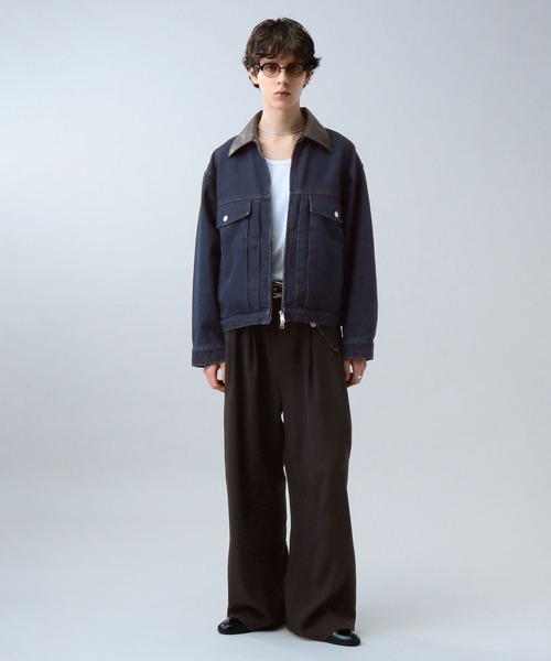 luraku 襟レザージップアップデニムジャケット ブラック LURAKU（ルラク）の「【LURAKU】Leather Collar Zip-Up Denim