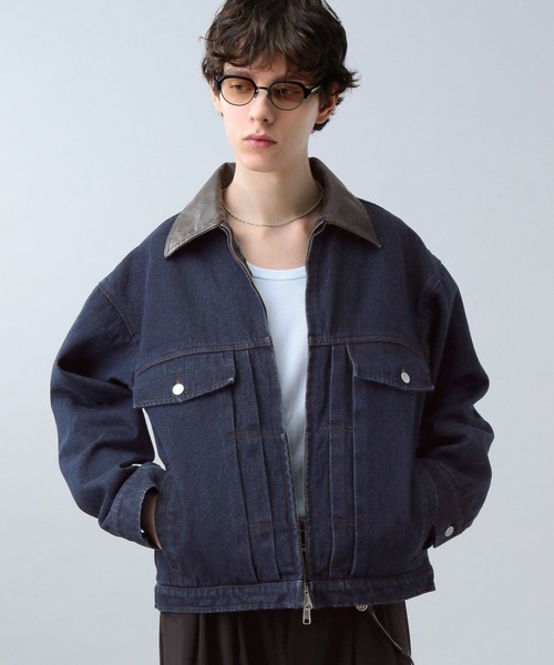 luraku 襟レザージップアップデニムジャケット ブラック LURAKU デニムジャケット gジャン 「LURAKU」Leather Collar Zip