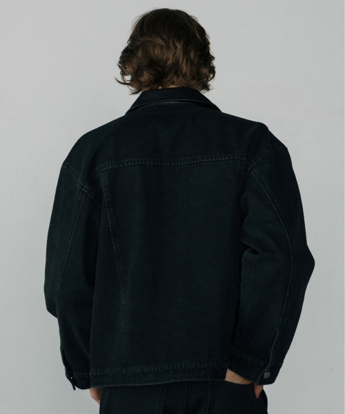 LURAKU】Leather Collar Zip-Up Denim Jacket / 襟レザージップ