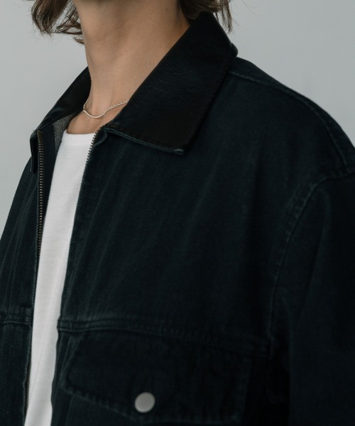 LURAKU】Leather Collar Zip-Up Denim Jacket / 襟レザージップ