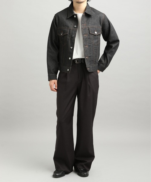 LURAKU】Leather Collar Zip-Up Denim Jacket / 襟レザージップアップ