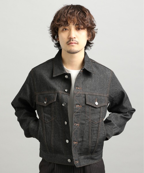 LURAKU】Leather Collar Zip-Up Denim Jacket / 襟レザージップアップ