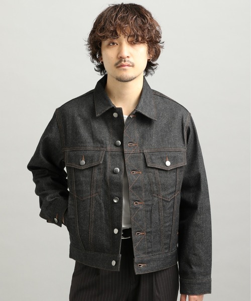 LURAKU】Leather Collar Zip-Up Denim Jacket / 襟レザージップアップ