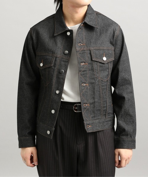 LURAKU】Leather Collar Zip-Up Denim Jacket / 襟レザージップアップ