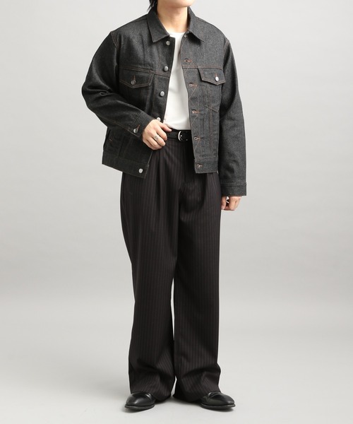 LURAKU】Leather Collar Zip-Up Denim Jacket / 襟レザージップアップ