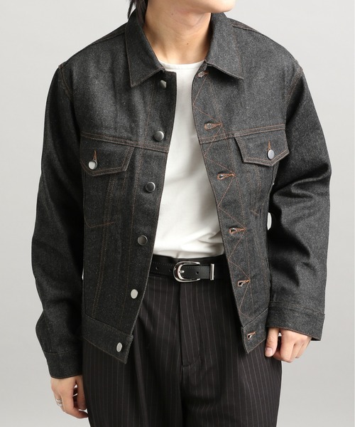 LURAKU】Leather Collar Zip-Up Denim Jacket / 襟レザージップアップ