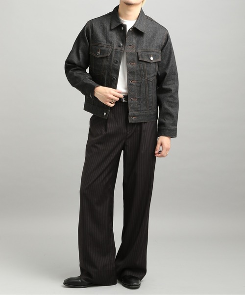 LURAKU】Leather Collar Zip-Up Denim Jacket / 襟レザージップアップ