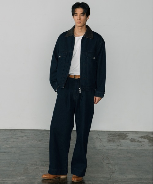 LURAKU】Leather Collar Zip-Up Denim Jacket / 襟レザージップ