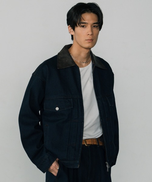 LURAKU】Leather Collar Zip-Up Denim Jacket / 襟レザージップ