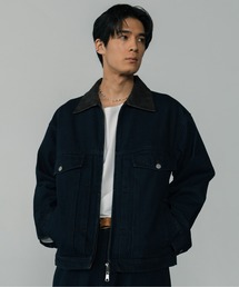 LURAKU（ルラク）の「【LURAKU】Leather Collar Zip-Up Denim Jacket / 襟レザージップアップデニムジャケット｜SETUP対応（デニムジャケット）」