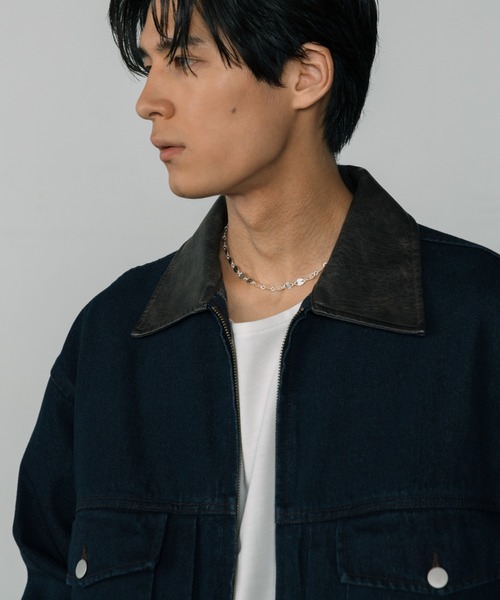 LURAKU】Leather Collar Zip-Up Denim Jacket / 襟レザージップアップ