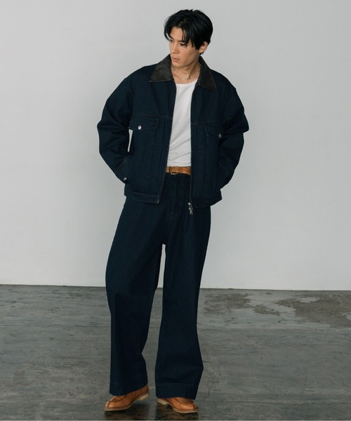 LURAKU】Leather Collar Zip-Up Denim Jacket / 襟レザージップ