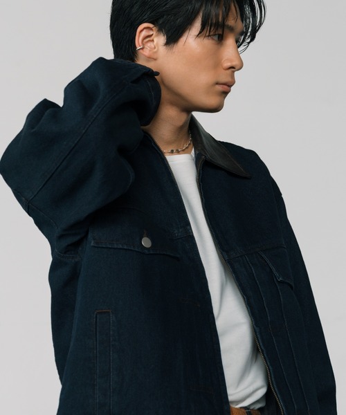 luraku 襟レザージップアップデニムジャケット ブラック LURAKU】Leather Collar Zip-Up Denim Jacket / 襟レザージップ