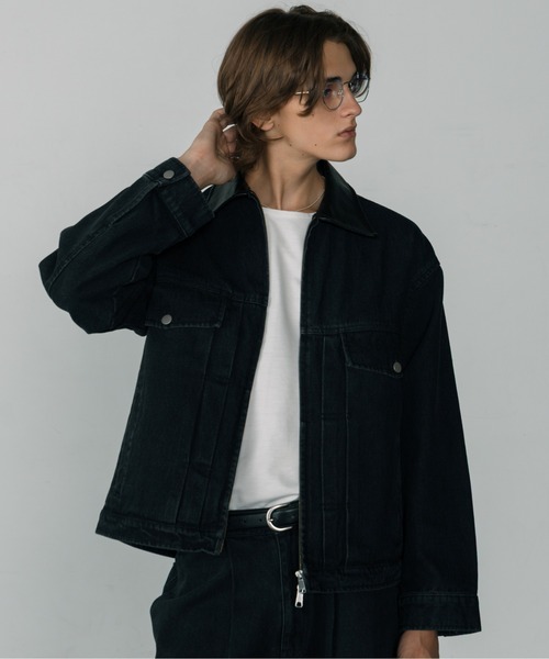 専用Leather Collar Zip-Up Denim Jacket LURAKU】Leather Collar Zip-Up Denim Jacket / 襟レザージップアップ