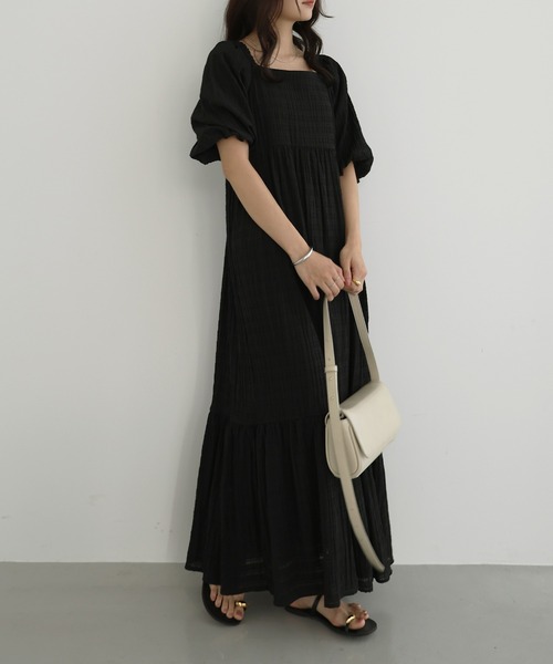 セール】シアーチェックボリューム袖ロングワンピース（ワンピース