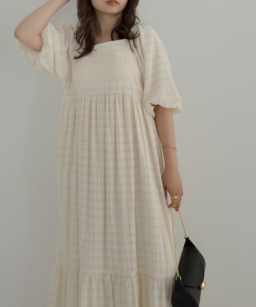 セール】シアーチェックボリューム袖ロングワンピース（ワンピース