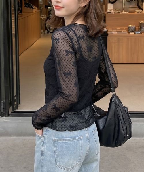 HOOK(フック)の「【HOOK】for girls リボン柄ダイヤチェックドットシアートップス (SS)(Tシャツ/カットソー・レディース・ブラック/ホワイト/ベージュ・FREE)」の17枚目の写真