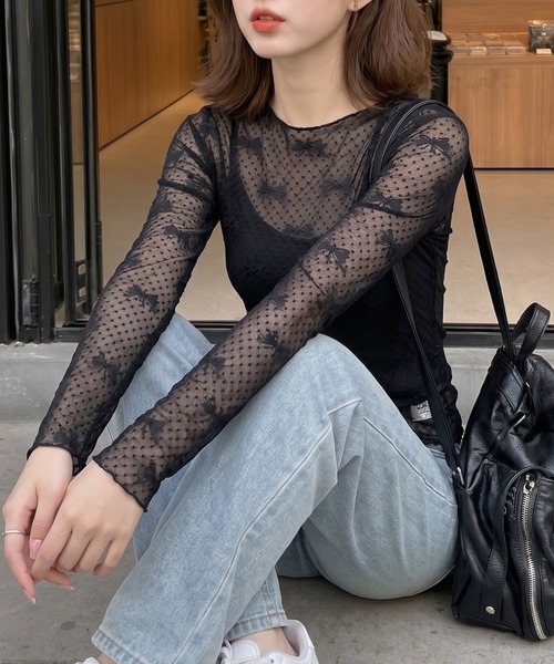 HOOK(フック)の「【HOOK】for girls リボン柄ダイヤチェックドットシアートップス (SS)(Tシャツ/カットソー・レディース・ブラック/ホワイト/ベージュ・FREE)」の18枚目の写真