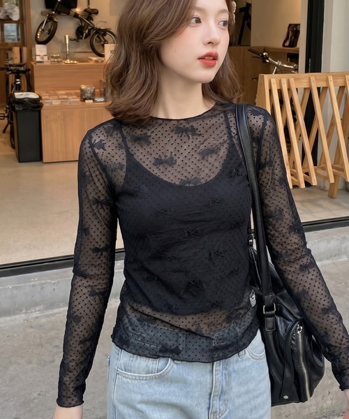 HOOK(フック)の「【HOOK】for girls リボン柄ダイヤチェックドットシアートップス (SS)(Tシャツ/カットソー・レディース・ブラック/ホワイト/ベージュ・FREE)」の20枚目の写真