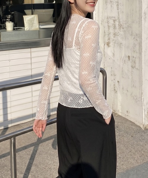 HOOK(フック)の「【HOOK】for girls リボン柄ダイヤチェックドットシアートップス (SS)(Tシャツ/カットソー・レディース・ブラック/ホワイト/ベージュ・FREE)」の15枚目の写真