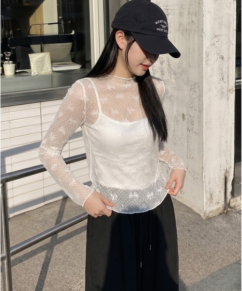 HOOK(フック)の「【HOOK】for girls リボン柄ダイヤチェックドットシアートップス (SS)(Tシャツ/カットソー・レディース・ブラック/ホワイト/ベージュ・FREE)」の16枚目の写真