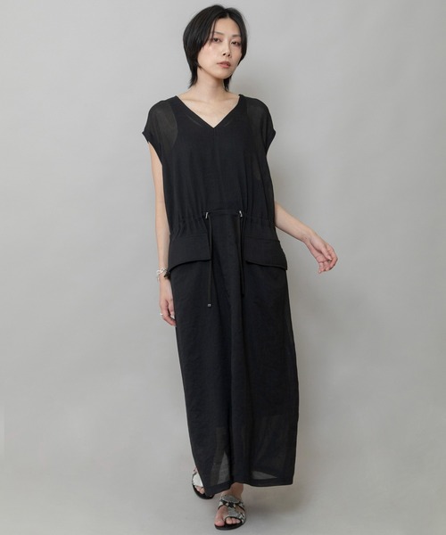 Munich(ミューニック)の「【速乾性】【通気性】【防シワ】麻調メッシュドローストリングワンピース(ワンピース・レディース・ブラック/ベージュ/ブラウン・FREE)」の6枚目の写真