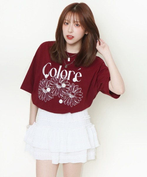 GORGE(ゴージ)の「《フラワー刺しゅう×ロゴ映え》ルーズTシャツ(Tシャツ/カットソー・レディース・スミクロ/ネイビー/オフホワイト/ボルドー・F)」の4枚目の写真