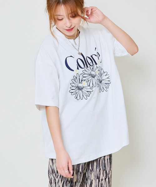 Flower サイン入りTシャツ セール】《フラワー刺しゅう×ロゴ映え》ルーズTシャツ（Tシャツ