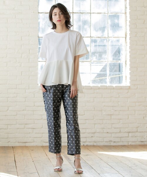 【美品】サカイ　Tシャツ　カットワーク　異素材ドッキング　切替　ペプラム　S セール】ペプラム切替ドッキングトップス【洗濯機洗い可】（T