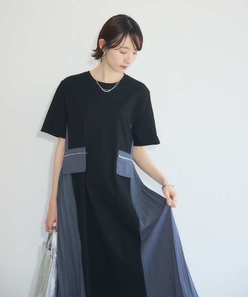 Paradise Picnic（パラダイスピクニック）の「サイドプリーツ異素材ワンピース（ワンピース・レディース・ネイビー/ブラック・FREE）」の9枚目の写真