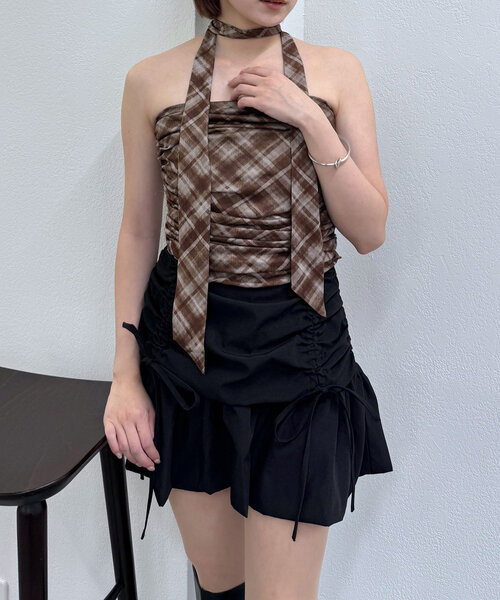 mline（エムライン）の「[mline]チェックバンドゥ チョーカーブラウス（Tシャツ/カットソー・レディース・ブラック/ブラウン・FREE）」の4枚目の写真
