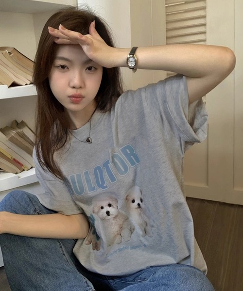 MUCH MORE 薄紫 Tシャツ 犬プリント SITRY tシャツ Dog Print T-Shirt/犬 アニマル プリント