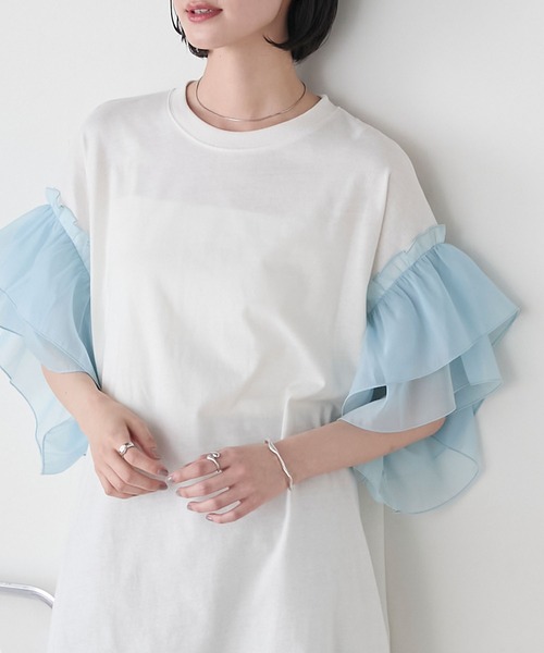 forksy.(フォルクシー)の「【forksy.】シアーフリル袖 オーバーサイズトップス(Tシャツ/カットソー・レディース・ホワイト/ブラック/ベージュ/スミクロ・FREE)」の14枚目の写真