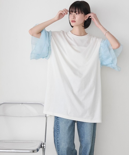 forksy.(フォルクシー)の「【forksy.】シアーフリル袖 オーバーサイズトップス(Tシャツ/カットソー・レディース・ホワイト/ブラック/ベージュ/スミクロ・FREE)」の16枚目の写真