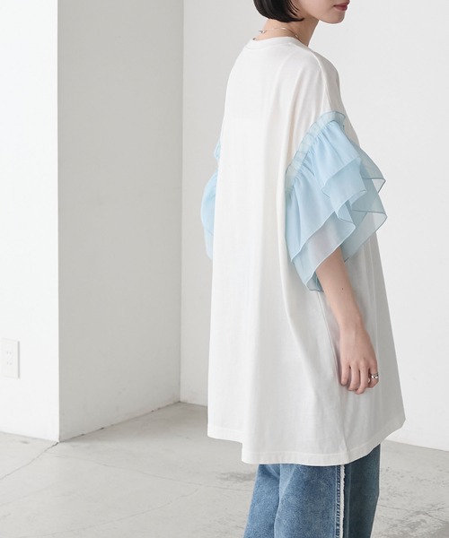 forksy.(フォルクシー)の「【forksy.】シアーフリル袖 オーバーサイズトップス(Tシャツ/カットソー・レディース・ホワイト/ブラック/ベージュ/スミクロ・FREE)」の19枚目の写真