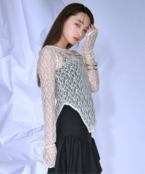 Ezick（エジック）の「Cut out piping レースプルオーバー（Tシャツ/カットソー・レディース・ブラック/ベージュ/レッド/オフホワイト・FREE）」の7枚目の写真