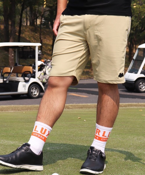 LUXE/R GOLF(ラグジュ ゴルフ)の「(RM)【LUXE/R GOLF】COOL & DRY ストレッチ スムース サイド ロゴ ジャガード ショートパンツ(スウェットパンツ・メンズ・ベージュ/ネイビー/オフホワイト/チャコールグレー/ブラック・M/L/XL)」の4枚目の写真