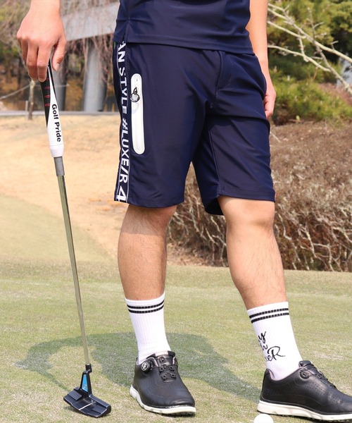 LUXE/R GOLF(ラグジュ ゴルフ)の「(RM)【LUXE/R GOLF】COOL & DRY ストレッチ スムース サイド ロゴ ジャガード ショートパンツ(スウェットパンツ・メンズ・ベージュ/ネイビー/オフホワイト/チャコールグレー/ブラック・M/L/XL)」の5枚目の写真